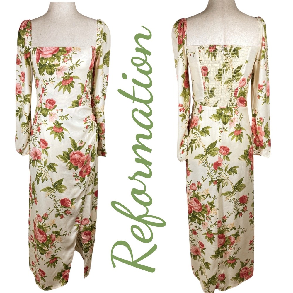 REFORMATION Hilda Floral Midi Square Neck Bodycon Dress Jardin NWT Size 4 - Picture 13 of 14